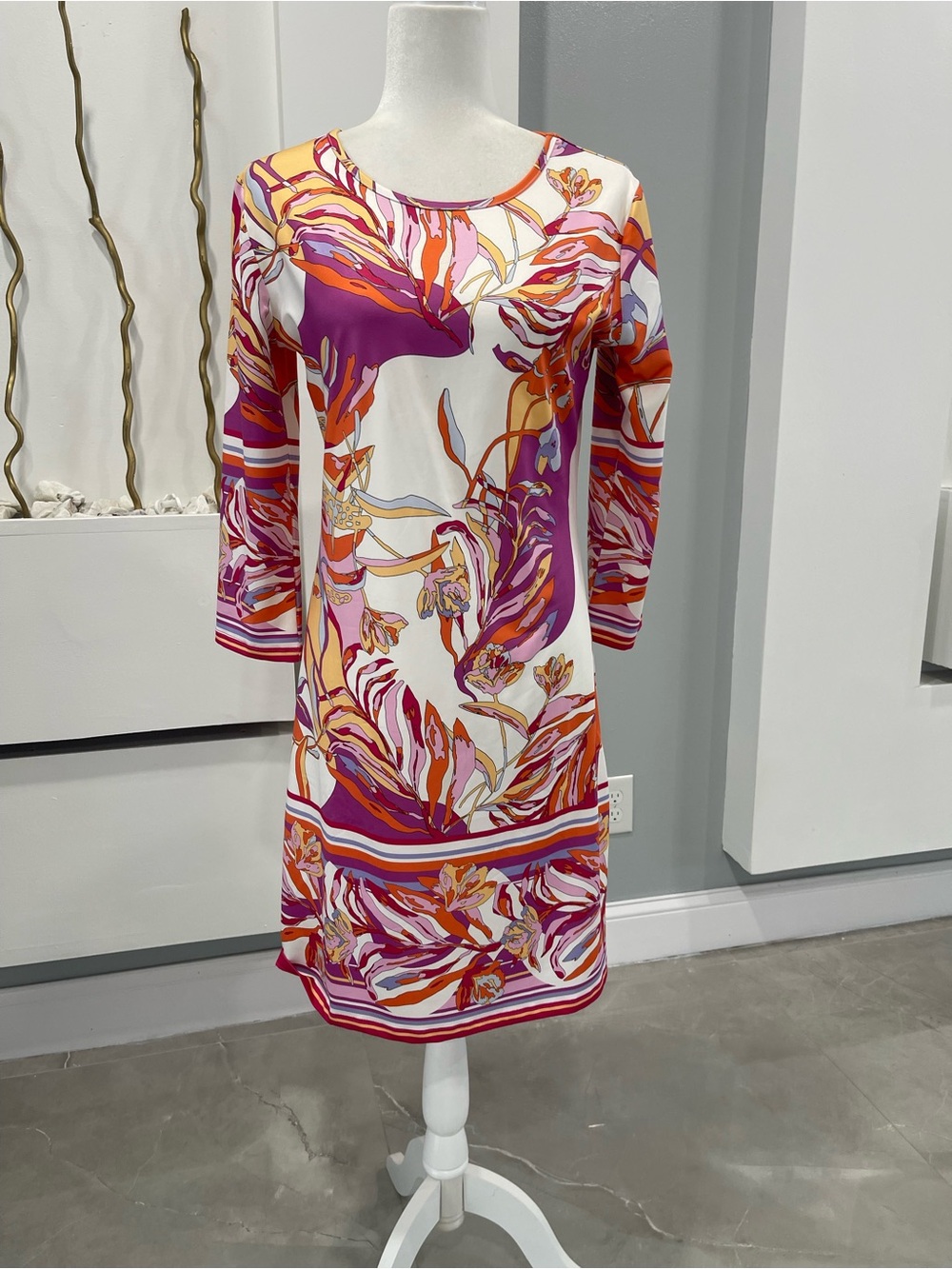 Floral Long-Sleeve Shift Dress in White, Magenta & Orange